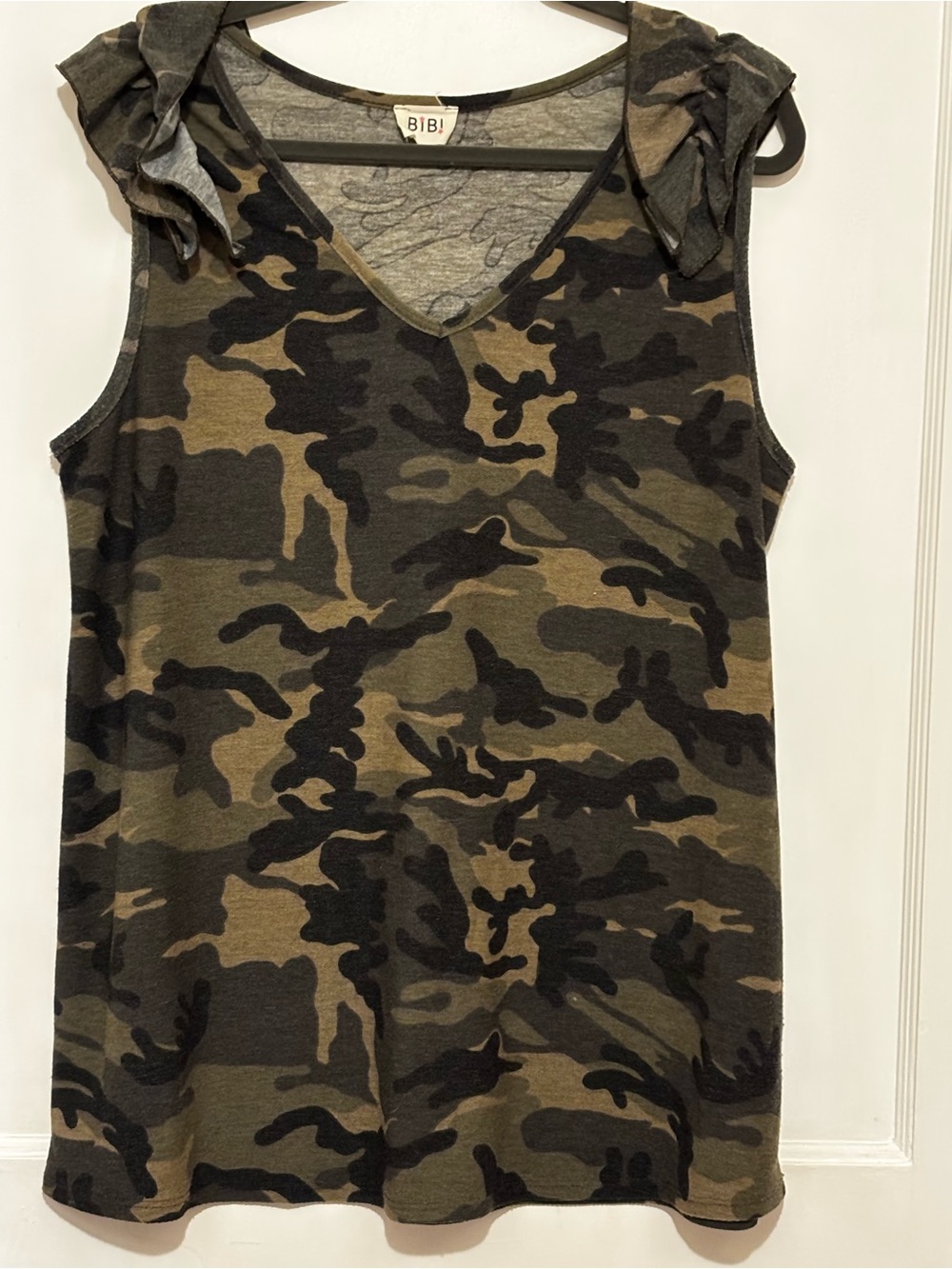 BiBi Olive & Black Camo V-Neck Sleeveless Tank with Knot Shoulders